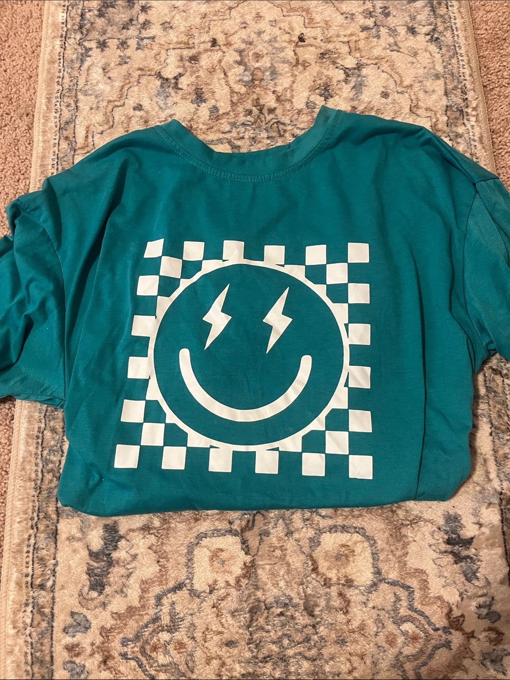 Green Graphic short Sleeve Shirt with White Smiley Lightning Design